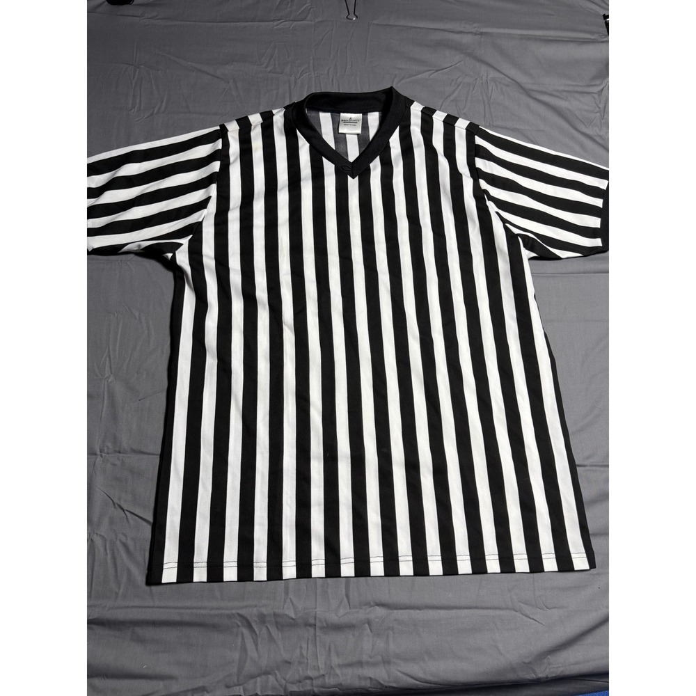 BSN Sports Referee Shirt Mens XL Black White Good V-Neck Short Sleeve Striped